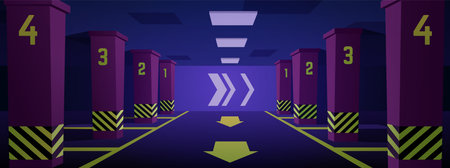 Empty urban underground parking interior vector flat illustration, transport garage in basement columns and parking lotsのイラスト素材