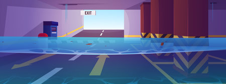 Flooded abandoned underground parking vector flat illustration, overflow exit gate, basement transport garage in waterのイラスト素材