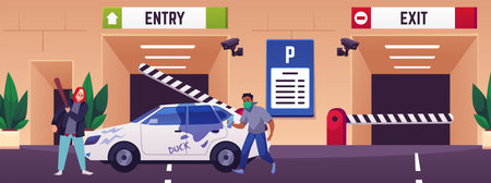 Urban underground parking with vandalism scene, vector flat barrier gate to garage basement with looters break a carのイラスト素材