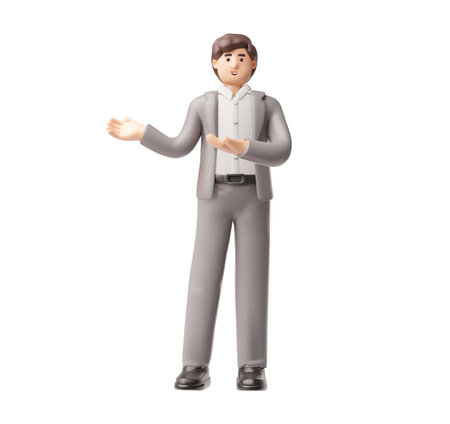 Brunette businessman standing in showing pose with pointing hands, presenting, 3D vector office manager full heightのイラスト素材