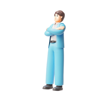 Businessman in blue suit standing arms crossed, 3D cartoon vector office worker, manager, employee character full heightのイラスト素材