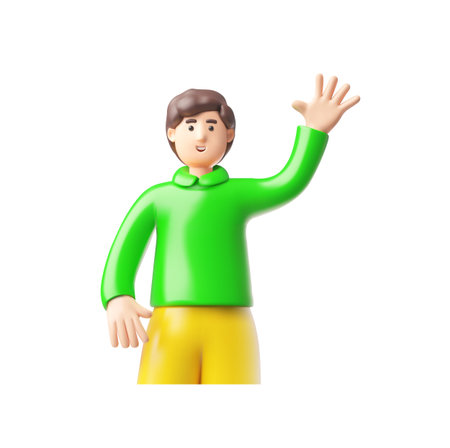 Man greeting hand gesture, showing five fingers, 3D cartoon vector guy character with brown hair wear green long sleeveのイラスト素材