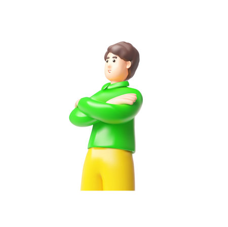 Brunette man standing arms crossed, 3D cartoon vector smiling guy character with brown hair wear green long sleeveのイラスト素材
