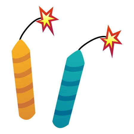 Firecrackers with burning wick, firework petard with lit fuse, two blue and orange festive bombs vector pyrotechnic toolのイラスト素材