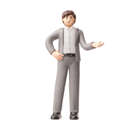 Brunette businessman in a suit standing in presenting pose, showing, pointing hand, 3D vector office manager full heightのイラスト素材