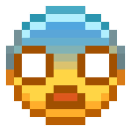Scared shocked emoji emoticon vector pixel art, yellow blue 8 bit game frightened or surprised face with fear big eyesのイラスト素材