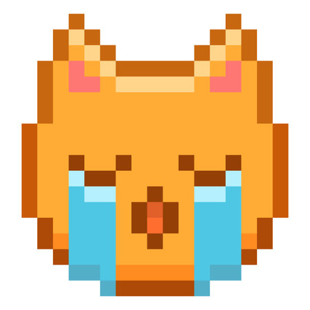 Cry cat emoji emoticon pixel art vector icon, color sad face with streams of tears, cute retro afflicted animal avatarのイラスト素材