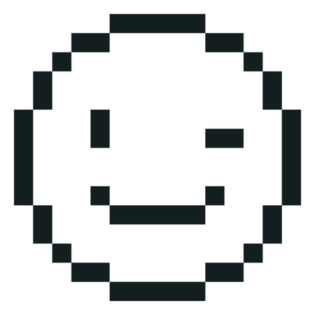 Happy winking emoji emoticon vector pixel art, black outline smile face with winks eye, funny 8bit videogame joke avatarのイラスト素材