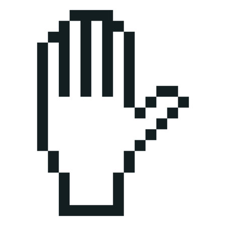 Five fingers hand showing gesture vector pixel art icon, black outline 8 bit retro greeting human palm, outstretched armのイラスト素材