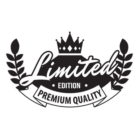 Premium quality black badge with laurel leaves, crown, lettering, ribbon.のイラスト素材