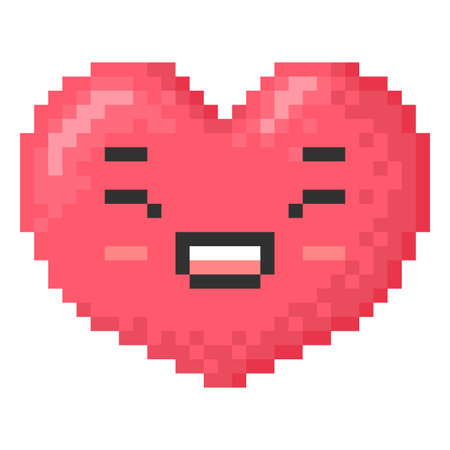 Happy kawaii emoji emoticon heart shape face vector pixel art, red 8 bit squinted smile face, have fun retro avatarのイラスト素材
