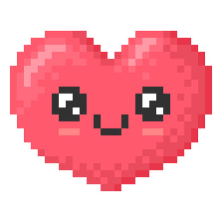 Happy smile kawaii emoji emoticon face heart shape vector pixel art, red 8 bit laugh heart, cute pleased retro avatarのイラスト素材