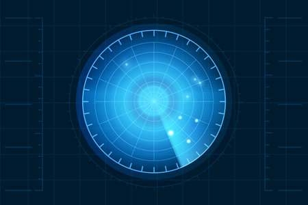 Realistic digital blue radar display in searching with targets, military detection system, vector navy or air sonar blipのイラスト素材