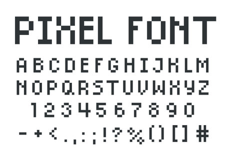 English alphabet pixel art, 8 bit uppercase letters, numbers and punctuation marks, vector font, typographic symbolsのイラスト素材