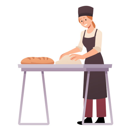 Woman chef in apron and protective hat cooking on kitchen, dough kneading for bread making, bread baking process vectorのイラスト素材