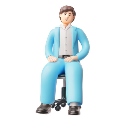 Businessman in blue suit sits on an office chair 3D plastic style vector icon, cartoon smiling office manager characterのイラスト素材