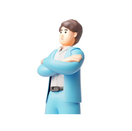 Businessman in blue suit standing arms crossed, 3D cartoon vector friendly office employee, manager characterのイラスト素材