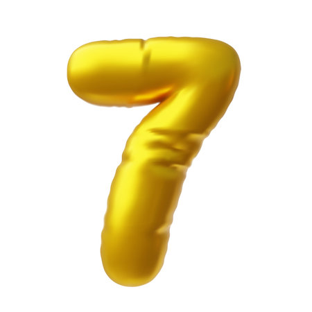 Realistic 3D volume gold foil inflated balloon number seven, vector numeric symbol 7 typing odd count symbol air balloonのイラスト素材