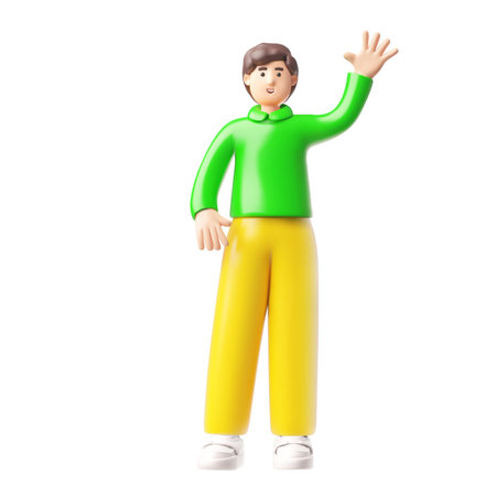 Man greeting hand gesture, showing five fingers, 3D cartoon vector friendly guy character with brown hair, full heightのイラスト素材