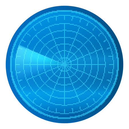 Realistic digital blue HUD radar display in searching, vector pixel navigation interface, 8 bit navy or air sonar systemのイラスト素材