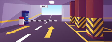 Empty urban underground parking interior vector flat illustration, transport garage in basement, barrier and Exit gateのイラスト素材