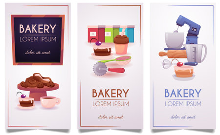 Bakery advertising and promotion flyers flat design vector set, kitchen equipment and appliance, confectionery pastryのイラスト素材