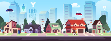 Futuristic smart city vector flat illustration, cityscape with skyscrapers and flying cars, robots and quadcopter droneのイラスト素材