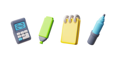 3D stationery set with calculator, notepad, felt-tip pen and marker.