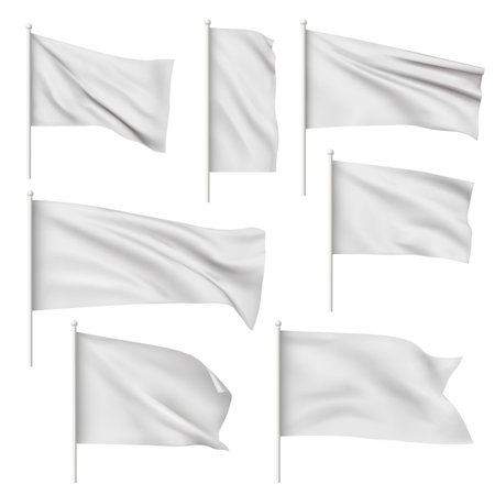 White waving flag on flagpole 3d mockup vector set, clean horizontal canvas for promotion design, hanging pennantsのイラスト素材