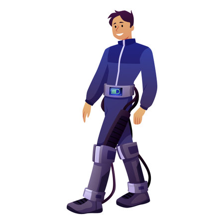 Young man with mechanized legs walking, vector flat futuristic smart city character, robotic person cyborg manのイラスト素材