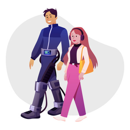 Young woman walking with robotic person, cyborg man with mechanized legs, flat futuristic smart city vector isolatedのイラスト素材