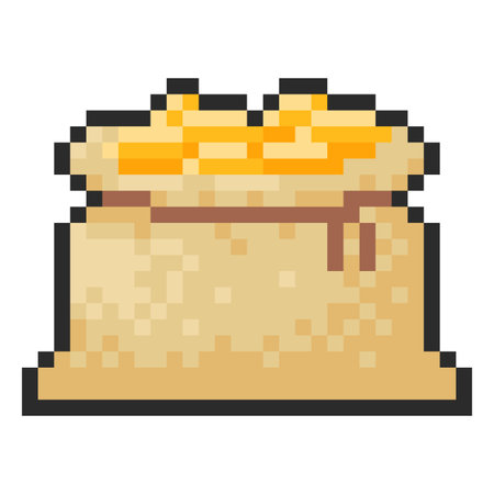 3D golden coins in bag pixel art, retro 8 bit treasures, wealth, money cash, business and finance, bank video game awardのイラスト素材