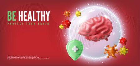 Be healthy protect your brain 3D vector banner, cerebrum internal organ in protective sphere from bacteria and virusesのイラスト素材