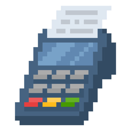 Payment terminal, POS terminal with bank bill pixel art, retro 8 bit approved financial transaction, payment deviceのイラスト素材
