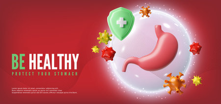Vector 3D banner with stomach under protective bubble with green shield, microbes, red background.のイラスト素材