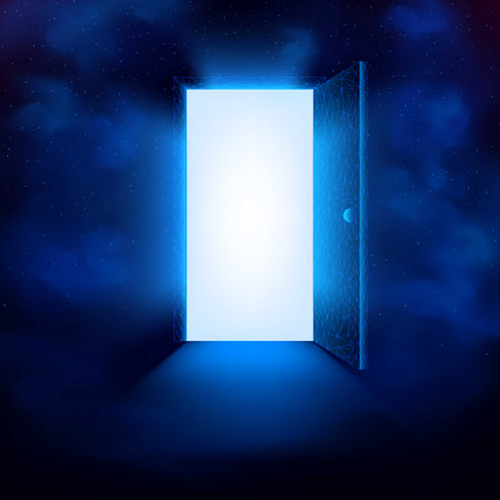 Open door, blue neon color, with mesh pattern and bright white light, on dark background with smoke effects and glowing particles.のイラスト素材