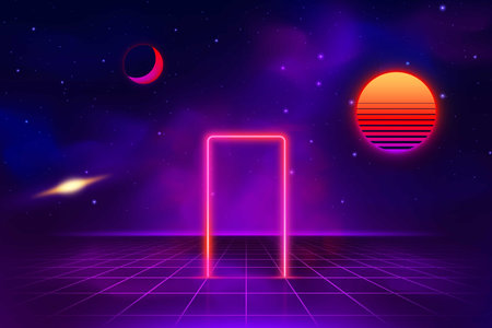Light neon door glowing on fantastic space alien universe, vector led portal laser gate on square grid skyline metaverseのイラスト素材