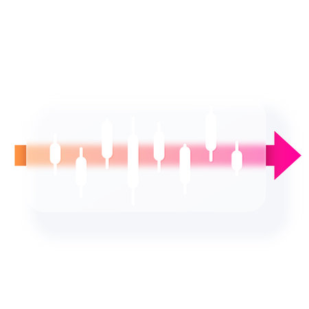 Candlestick chart line graph with glassmorphism effect, vector blur button with trading graphic on pink orange arrowのイラスト素材