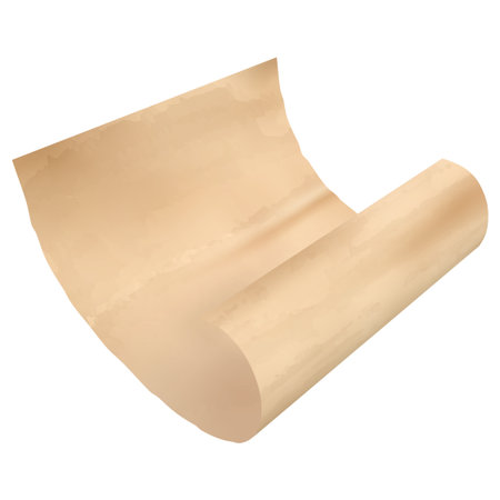 Parchment paper fly in air, vector realistic old craft paper sheet rolled edge, vintage curled brown page, letter, noteのイラスト素材