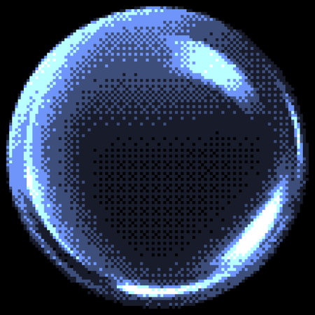 Transparent glossy crystal sphere pixel art vector icon, retro 8bit blue glass glob on dark, glass...