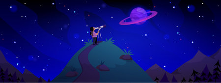 Kid watching space stars and planets in telescope, Astronomy discovery, vector cartoon mountains,...