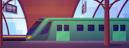 Railway station, vector flat empty subway station interior with metro train and platform,...
