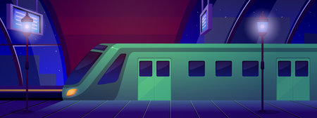 Railway station at night, vector flat empty subway station interior with metro train and platform, scoreboard, transportのイラスト素材