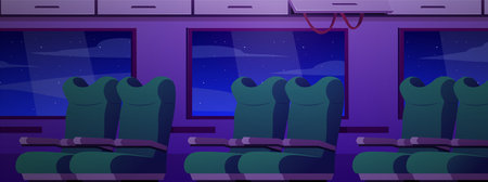 Train interior with green seats and windows vector flat illustration, passenger transport railway cabin with chairsのイラスト素材