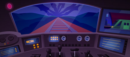 High speed metro train inside view from a cabin, control dashboard, vector flat subway railway transport driver interiorのイラスト素材