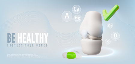Be healthy protect your bones 3D vector banner, knee joint with green tick check mark, medical prevention tablet drugsのイラスト素材