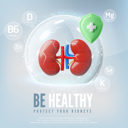 Be healthy protect your kidneys 3D realistic vector poster, green shield with cross, medical diagnostics and treatmentのイラスト素材