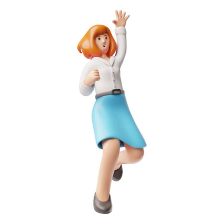 A 3D woman in office attire, a blouse, and a skirt, jumping and happy with her hand raised.のイラスト素材