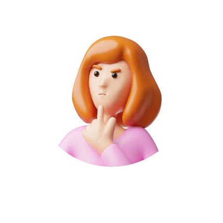 3D round avatar of a woman in pink clothes with a pensive expression.のイラスト素材