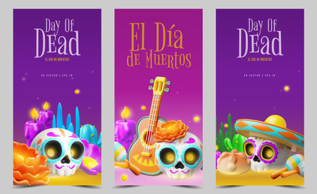 Dia de Los Muertos day 3D design vector set, Mexican Day of the dead symbols, Calavera painted sugar skull, marigoldのイラスト素材